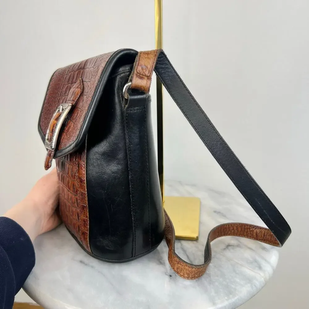 Vintage Brighton Black Leather Croc Embossed Buckle Crossbody Purse Bucket Bag